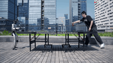 SMASH humanoid ping-pong demonstration, transitioning from outdoor to indoor play